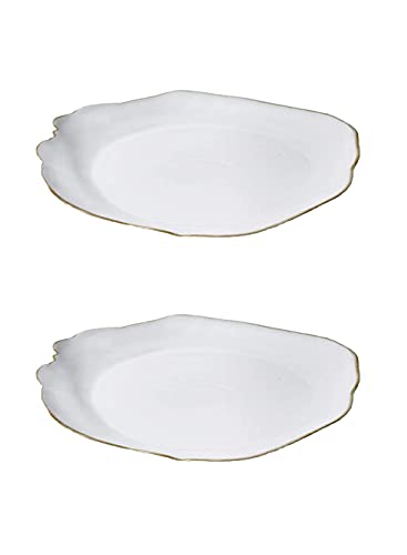 Serene Spaces Living Set of 2 Large Free-Form Edge Glazed Ceramic Plate- Dinnerware for Vintage Weddings, Events, Measures 12" Diameter and 1.5" Tall - color: White, 12" Plate