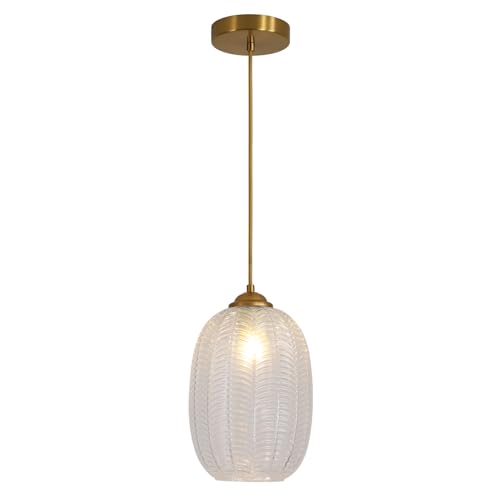 KCO Lighting Clear Glass Globe Pendant Light Ribbed Ceiling Light Brass Pendant Lights Kitchen Island Mid Century Modern Ceiling Hanging Light Gold Single Pendant Light - color: 15cm-Clear