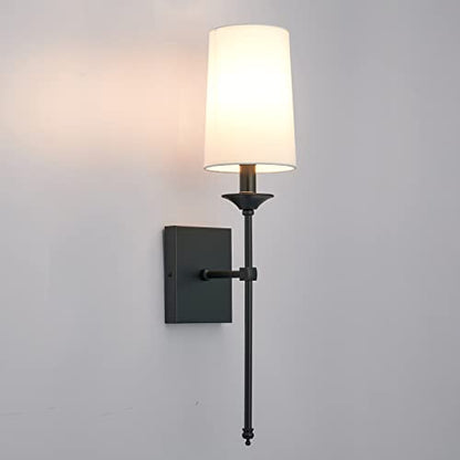 Hardwired Wall Sconces Set of 2, Mid Century Candlestick Style Wall Mounted Sconce with Pure White Cylindrical Shade and Long Slim Stem,for Bathroom Bedroom Living Room - color: Black