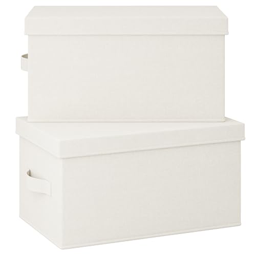 Vailando Storage Bin 2 Pack, Large Storage Bins with Lids, Decorative Storage Boxes Fabric Cotton Linen Collapsible Basket for Bedroom, Office, Closet, Shelves (White & Ivory)