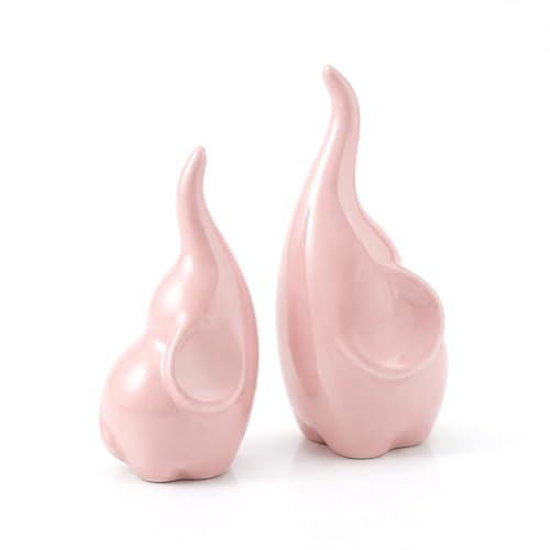 Elephant Decor Ceramic Elephant Statue Home Decor, Pair of Elephant Figurines for Living Room Bookshelf TV Stand Decor, Aesthetic Animal Sculptures Table Centerpiece, Housewarming Gifts (Pink) - color: Pink
