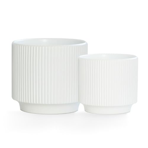 Ceramic 4.9+6.3 inch Planters, Modern Home and Office Flowerpot, Indoor and Outdoor Flowerpot with Drainage Hole (White) - color: White