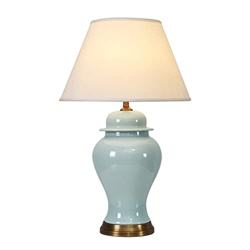 Blue Ceramic Table Lamp, Nordic Bedside Lamp Gold Metal Bracket Base with White Fabric Lampshadetable Lamps for Living Room Bedroom Study Hotel