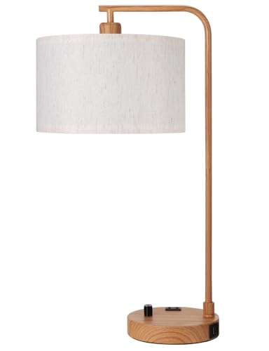 20.7" Tall Table Lamp with USB & Outlet, Fully Dimmable Nightstand Lamp - color: F-Beige Shade & Wood Base