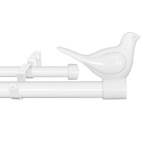 3/4" Diameter Farmhouse Double Window Treatment Curtain Rod, Bird Finials (28"-48", Glossy White) - color: Glossy White, size: 28"-48"