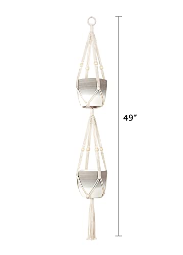 Mkono Macrame Double Plant Hanger Indoor Outdoor 2 Tier Hanging Planter Basket Cotton Rope with Beads 4 Legs 49 Inches (Pack of 3) - size: 49" (Pack of 3)