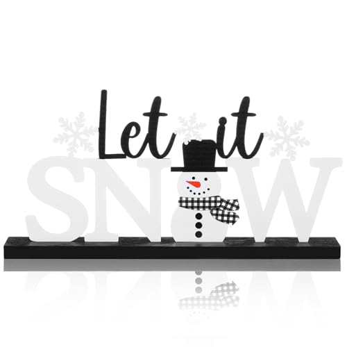 MiniInflat Let It Snow Table Decor Winter Metal Table Sign Christmas Black White Snowman Snowflake Decor with Wood Base for Winter Wonderland Decorations Xmas Home Tiered Tray Mantel Centerpiece - style: Let It Snow
