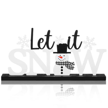 MiniInflat Let It Snow Table Decor Winter Metal Table Sign Christmas Black White Snowman Snowflake Decor with Wood Base for Winter Wonderland Decorations Xmas Home Tiered Tray Mantel Centerpiece - style: Let It Snow