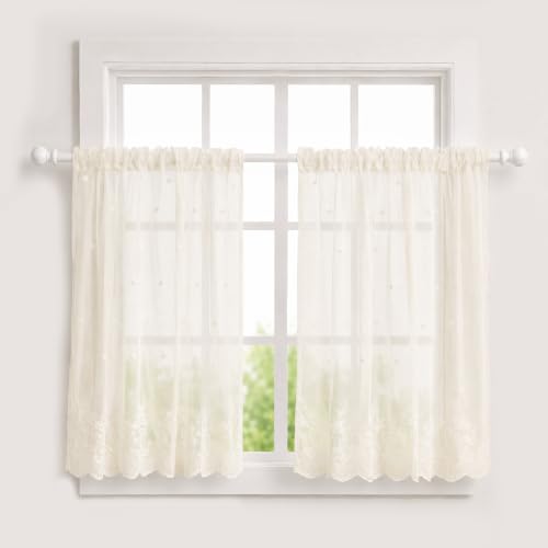 Molaxhome Kitchen Curtains Valance Beige Lace Floral Semi Sheer Curtain - color: Beige, size: 29"W x 35"L (Pack of 1)