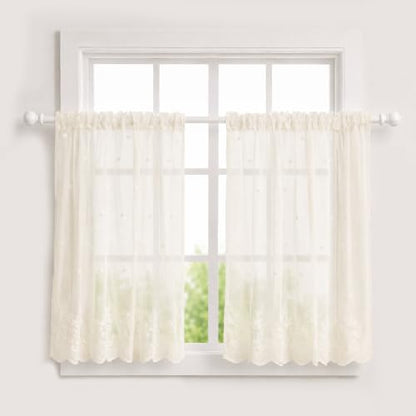 Molaxhome Kitchen Curtains Valance Beige Lace Floral Semi Sheer Curtain - color: Beige, size: 29"W x 35"L (Pack of 1)