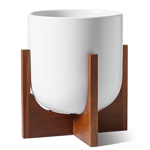 LE TAUCI 10 Inch Ceramic Planter with Acacia Wood Stand, White - color: White, size: 10 Inch