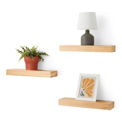 Amazon Basics Wood Floating Wall Shelves, 3-Pack, Pine, 15.8" x 5" x 1.8", Natural Wood Finish - color: Pine