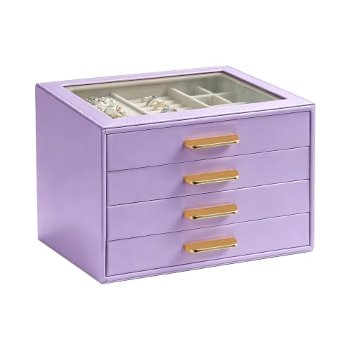 Homeanda Jewelry Boxes Organizer with Glass Lid, 4-Layer PU Leather, Purple - color: Lavender Purple, size: 4 Layer