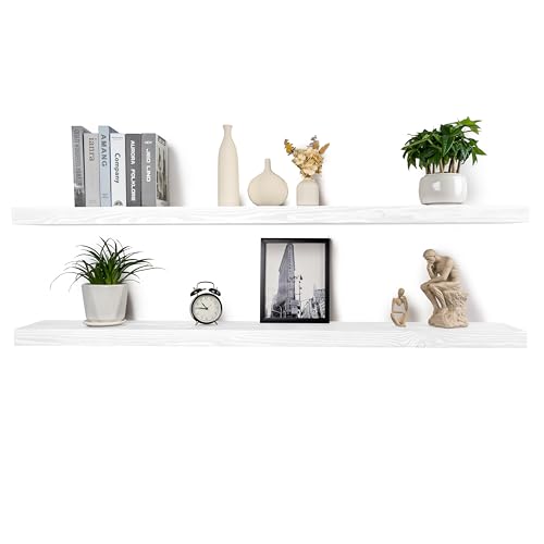 Floating Shelves 72 Inch Long 8" Deep Set of 2, Heavy Duty Wood Wall Mounted Shelves for Bathroom Living Room Kitchen, Book Shelves with Thickened Hidden Bracket - White - color: White, size: 72'' x 8''x 2''(set of 2）