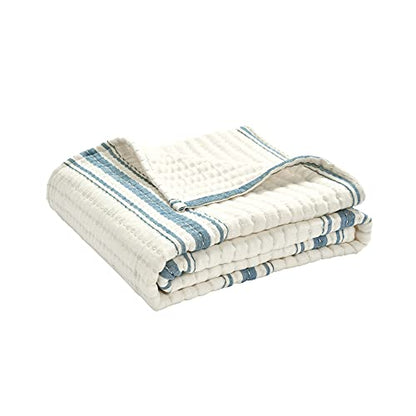 Lush Decor Farmhouse Stripe Kantha Pick Stich Yarn Dyed Cotton Woven Throw Reversible Ticking Pinstripe Design Blanket, 50" x 60", Blue - color: Blue