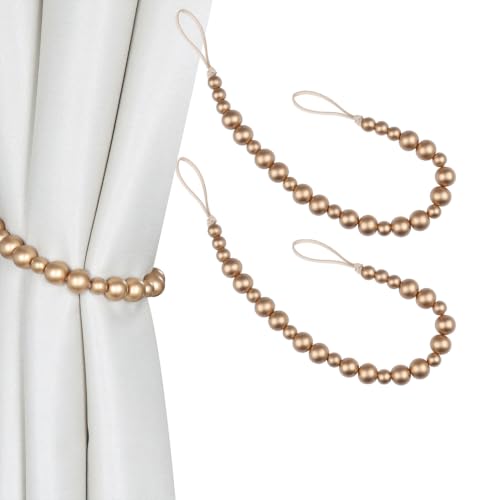 2 Pack Wood Bead Curtain Tieback, Boho Curtain Holdbacks, Gold - color: Gold