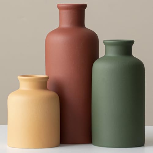 Large Modern Ceramic Vase Set of 3, Neutral Colors, Decorative Bottles for Home, Farmhouse Rustic Decor (XL Green Mix) - color: XL Green Mix