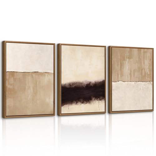 Abstract Neutral Framed Canvas Beige Dark Brown Wall Art Prints 12"x16"x3 | Modern Minimalist Wall Color Blocks Canvas Paintings Artwork Home Decor for Bedroom Living Room Office - color: Abstract Minimalist Beige Brown Color Blocks, size: 12"x16"x3Pcs