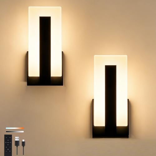 Battery Operated wall sconces Set of Two,3 CCT Dimmable Rechargeable Wireless Wall Light with Remote,Modern Black LED Wall Sconce Lighting for Hallway, Bedroom, Living Room - size: 9.8in-Battery Operated