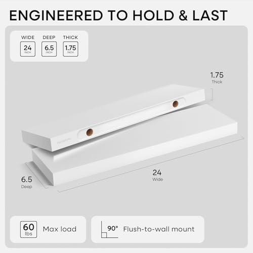 Homeforia 24 Inch Floating Shelves, High-End Solid Pine Wood, Set of 2 - color: Classic White - Soft Neutral Satin, size: 24 inch