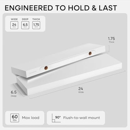 Homeforia 24 Inch Floating Shelves, High-End Solid Pine Wood, Set of 2 - color: Classic White - Soft Neutral Satin, size: 24 inch