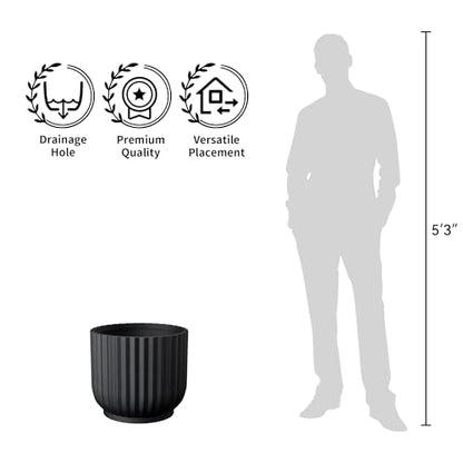 Kante 16.7" Round Concrete Pedestal Planter, Black Ribbed Flower Pot - color: Black, size: 16.7"Dia x 14.6"H
