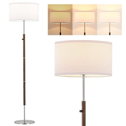 ELYONA Dimmable Floor Lamp Walnut Wood Grain & Brushed Nickel Standing Lamp Mid Century Modern Coner Pole Lamp with White Fabric Shade & Rotary Switch for Living Room Bedroom Office,LED Bulb Included - color: Walnut Wood Grain & Brushed Nickel