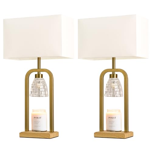 PoKat 2 in 1 Gold Table Lamp with Candle Warmer, Timer & Dimmer, Modern - color: Set of 1 - Brushed Gold With Wood-print Finish