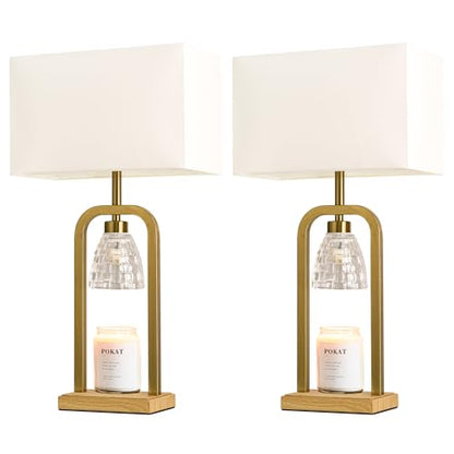 PoKat 2 in 1 Gold Table Lamp with Candle Warmer, Timer & Dimmer, Modern - color: Set of 1 - Brushed Gold With Wood-print Finish