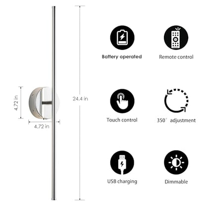 KARTOOSH Battery Operated Wall Sconces Set of Two Wireless Wall Lights - color: Chrome, size: 24.4 Inches