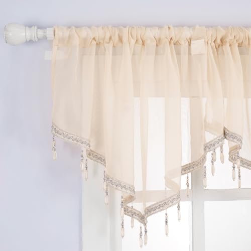 Molaxhome Swag Curtain Scalloped Curtain Valance Drape Sheer Lace Panel 1pc - color: Beige