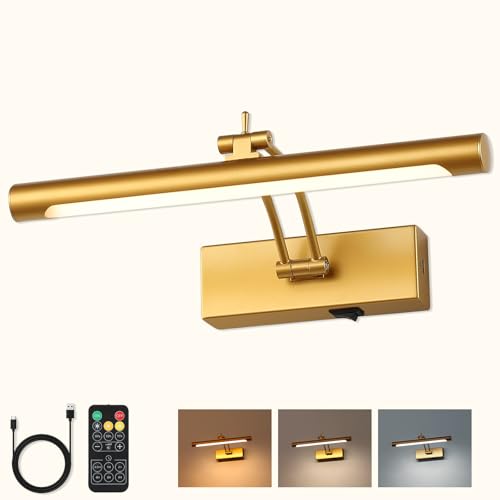 Battery Operated Picture Light with Remote,Wireless Gallery Lights Gold 12in Rechargeable Display Light with Flexible Swing Arm,Dimmable Wall Sconce for Artwork on Wall - color: Model A-Gold