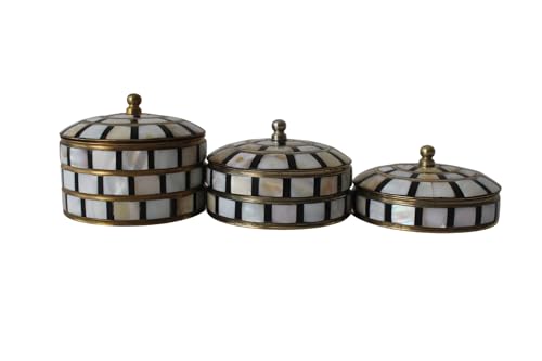 Set of 3 Vintage Round Hand-Painted Jewelry Trinket Boxes | Antique Metal Decorative Cases with Mother of Pearl | Sindoor, Coin & Keepsake Boxes for Women & Home Decor (Black-Pearl) - color: Black-Pearl