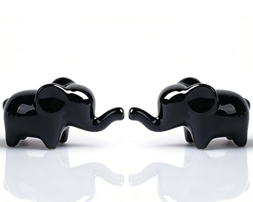 4 Inch Black Ceramic Elephant Figurines Set of 2 - color: Black