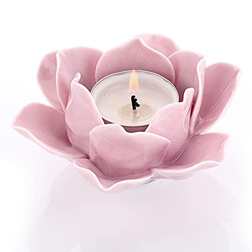 OwnMy 4.5 Inch Ceramic Lotus Flower Tea Light Holder Votive Candle Holder - color: Pink