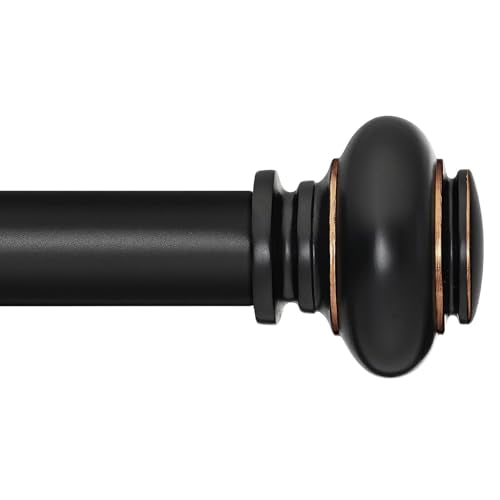 SIMEWIN Black Curtain Rods for Windows 48 to 84 Inches Adjustable Decorative 1 Inch Diameter Single Window Curtain Rod Set with Classic Finials, Black with Gold Finishing - color: Black, size: 28"-88"