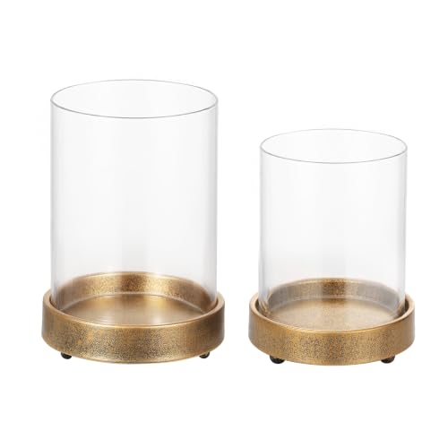 Set of 2 Glass Hurricane Candle Holders for Pillars with Minimalism Metal Base in Antique Gold, Glass Candle Holder, Centerpiece, for Weddings, Dinner Parties, Dining Tables, Console Tables, Mantels - color: Antique Gold, size: Set of 2 Minimal Base