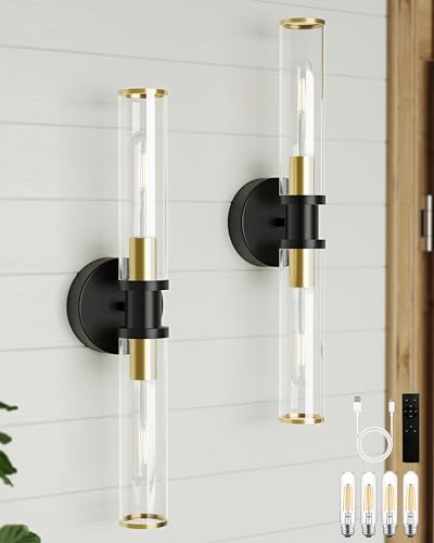 Rayogale Black & Gold Wireless Battery Operated Wall Sconces with Remote - color: Black Gold(Clear Tubular Lampshade)