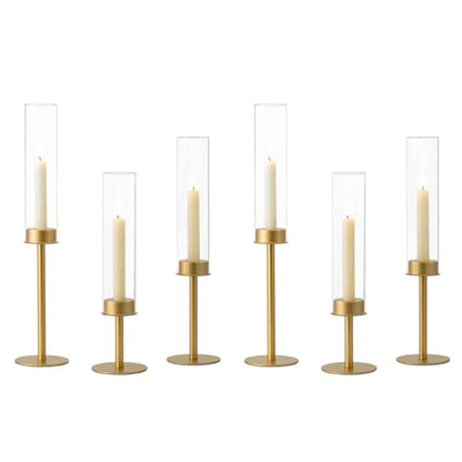 Hewory Gold Candlestick Holders: 6PCS Glass Hurricane with Brass Base - color: Matte Gold, size: 6pcs