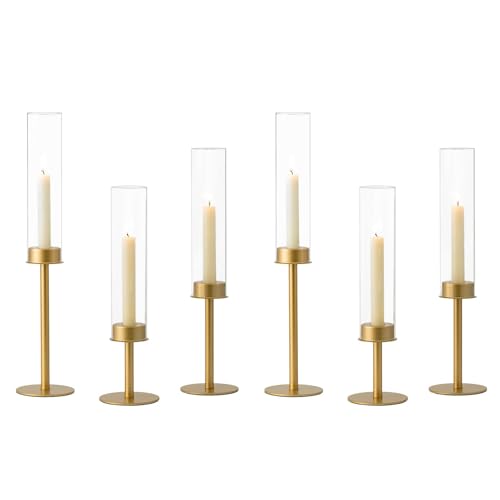 Hewory Gold Candlestick Holders: 6PCS Glass Hurricane with Brass Base - color: Matte Gold, size: 6pcs