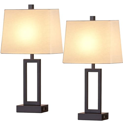 23.5" Touch Control Table Lamps Set of 2, Bedside Lamp with 2 USB Ports & AC Outlet, 3-Way Dimmable Nightstand Lamp with White Linen Shade for Living Room Bedroom End Table Office(2 LED Bulb Included) - color: White - 23.5"H