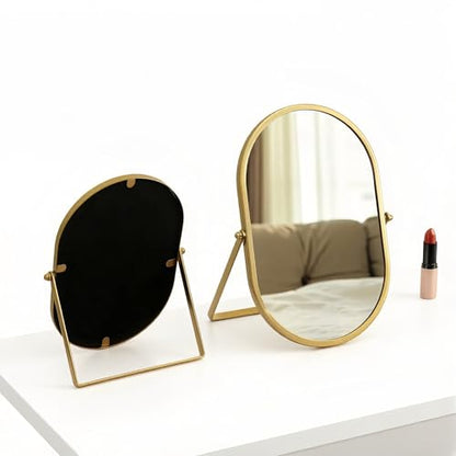 Gold Oval Vanity Mirror, 360° Rotation 180° Tilt Adjustable Desktop Makeup Mirror with Metal Frame, Decorative Standing Mirror for Bedroom, Bathroom, Living Room