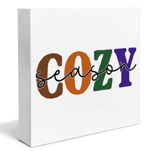 Fall Decor Cozy Season Wooden Box Sign Autumn Harvest Thanksgiving Decorations Rustic Home Desk Shelf Tabletop Decor 5 x 5 Inches - color: Multicolor COZY