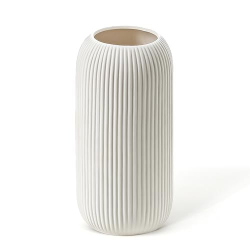 Bohemian White Ceramic Vase - for Pampas Grass, Mantel, Bookshelf, Entryway and Living Room Decor (White, 8in-Pill) - color: White, size: 8in-Pill
