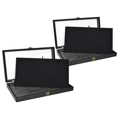 MOOCA 2 Pcs Wooden Jewelry Display Case, Pocket Knife Display Case with Tempered Glass Top Lid and Removable Black Luxurious MDF Velvet Jewelry Pad, Black Color - color: 9E) Black, 2 pieces