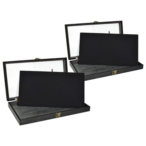 MOOCA 2 Pcs Wooden Jewelry Display Case, Pocket Knife Display Case with Tempered Glass Top Lid and Removable Black Luxurious MDF Velvet Jewelry Pad, Black Color - color: 9E) Black, 2 pieces
