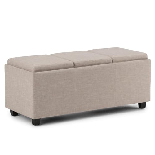 SIMPLIHOME Avalon 42" Wide Linen Look Fabric Storage Ottoman in Natural - color: Natural