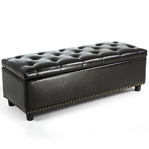BELLEZE Storage Ottoman, Tufted Ottoman with Close Hinge, Foot Rest for Living Room (Dark Brown, 47 inch) - color: Dark Brown
