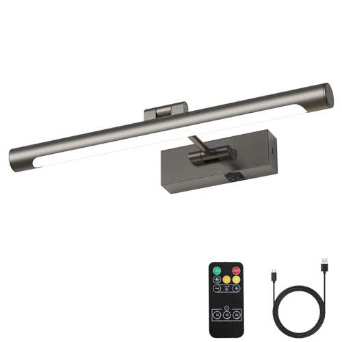 Joosenhouse Battery Operated Picture Light Rechargeable Gallery Light with Remote Control Dimmable and Timer Off Adjustable Swing Arm Brushed Grey 16.53in Wireless Wall Lights for Picture Display