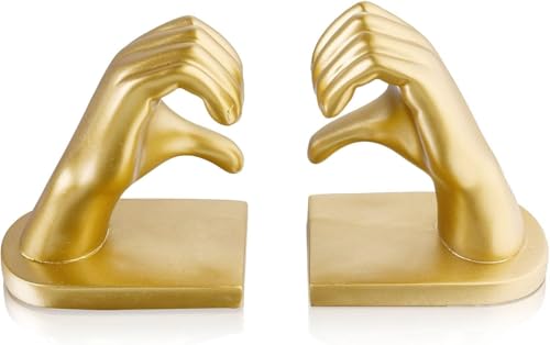 2Pcs Gold Heart Hands Book Ends, Non-Slip Heavy Duty Bookends for Shelves